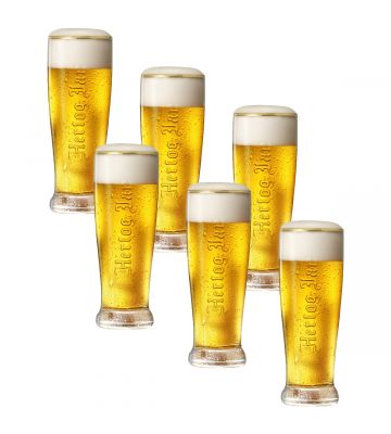 6 Hertog Jan bierglazen gevuld met bier