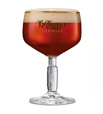 La Trappe bierglas op voet gevuld met La Trappe Dubbel